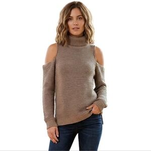 Design Lab Tan Brown‎ Loose Open Knit Cold Shoulder Turtleneck Sweater Medium